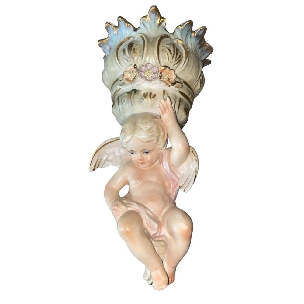 Vintage 10” Ardalt  Bisque Angel / Cherub Wall Pocket Planter